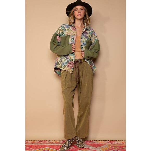 POL Cream & Olive Size Medium Button Down Floral Jacquard Shirt Jacket - Picture 5 of 5